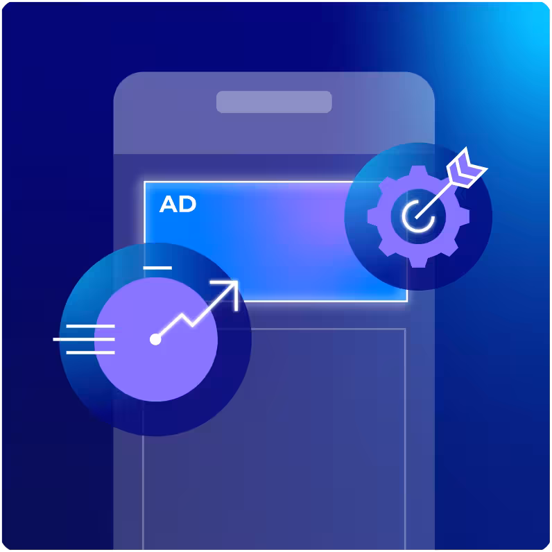 Stylized smartphone graphic with "AD" on the screen, surrounded by gears and arrows, symbolizing fast, reliable ad delivery.